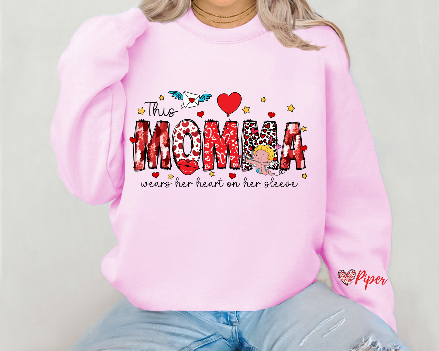 This Momma Wears Her Heart On Her Sleeve With Kids Name On Sleeve