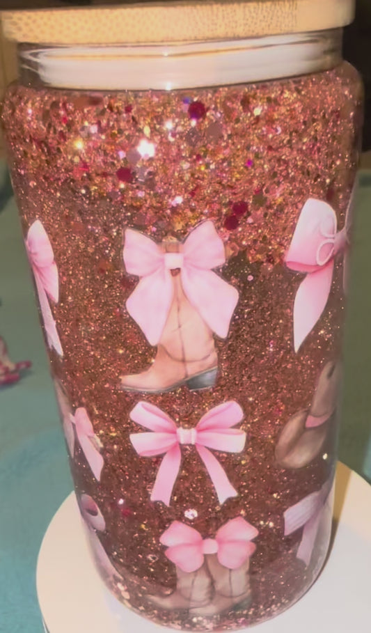 Pink Bows, Boots & Hats Glass Snow Globe Tumbler