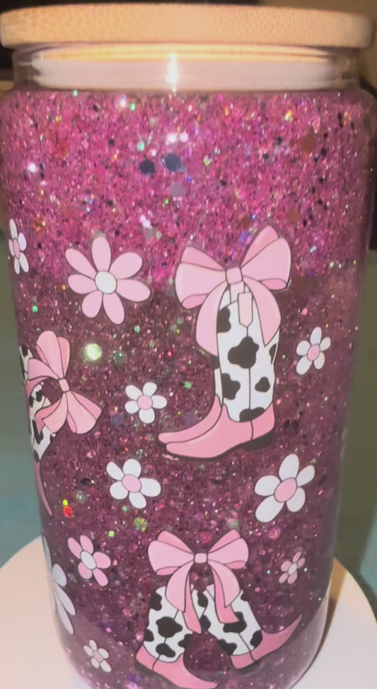 Pink & Cow Print Boots & Bows Glass Tumbler